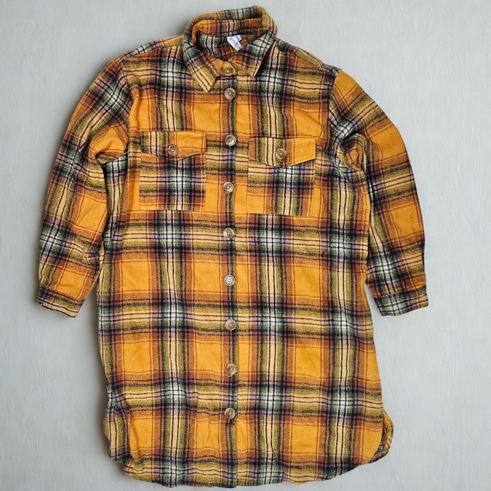 Grace + Karma Womens XL Mustard Plaid Button Down Long Shacket Jacket Dress